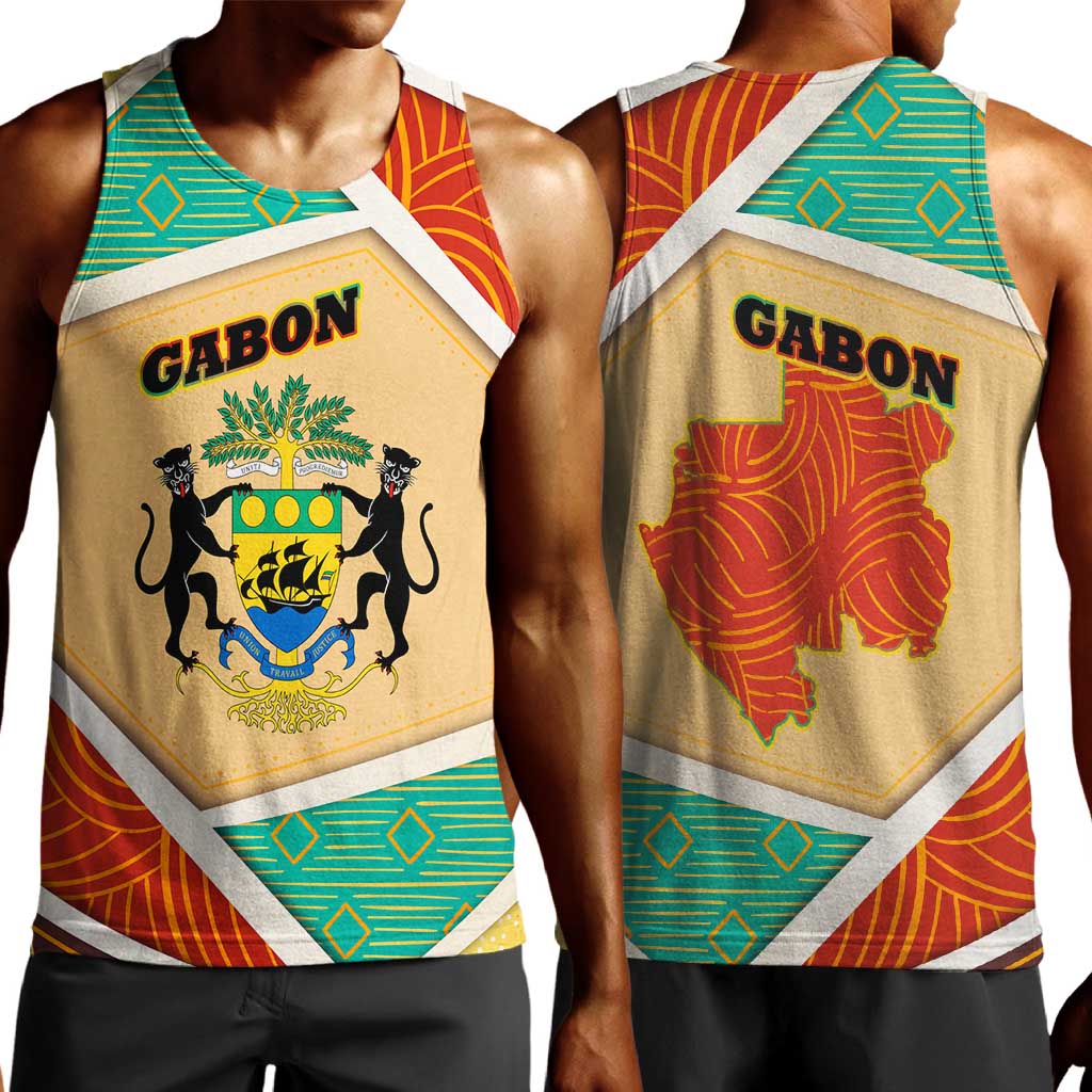 Gabon Men Tank Top - National Coat of Arms and Tribal Pattern Map Design in Bold Colors TS04