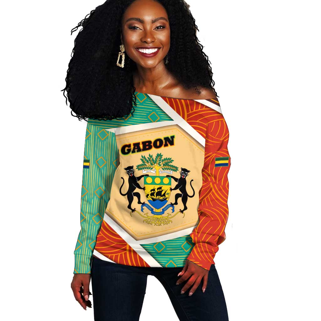 Gabon Off Shoulder Sweater - National Coat of Arms and Tribal Pattern Map Design in Bold Colors TS04
