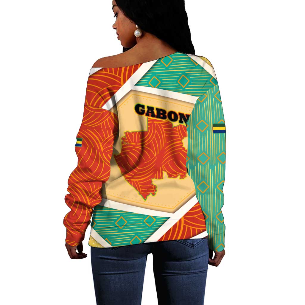 Gabon Off Shoulder Sweater - National Coat of Arms and Tribal Pattern Map Design in Bold Colors TS04