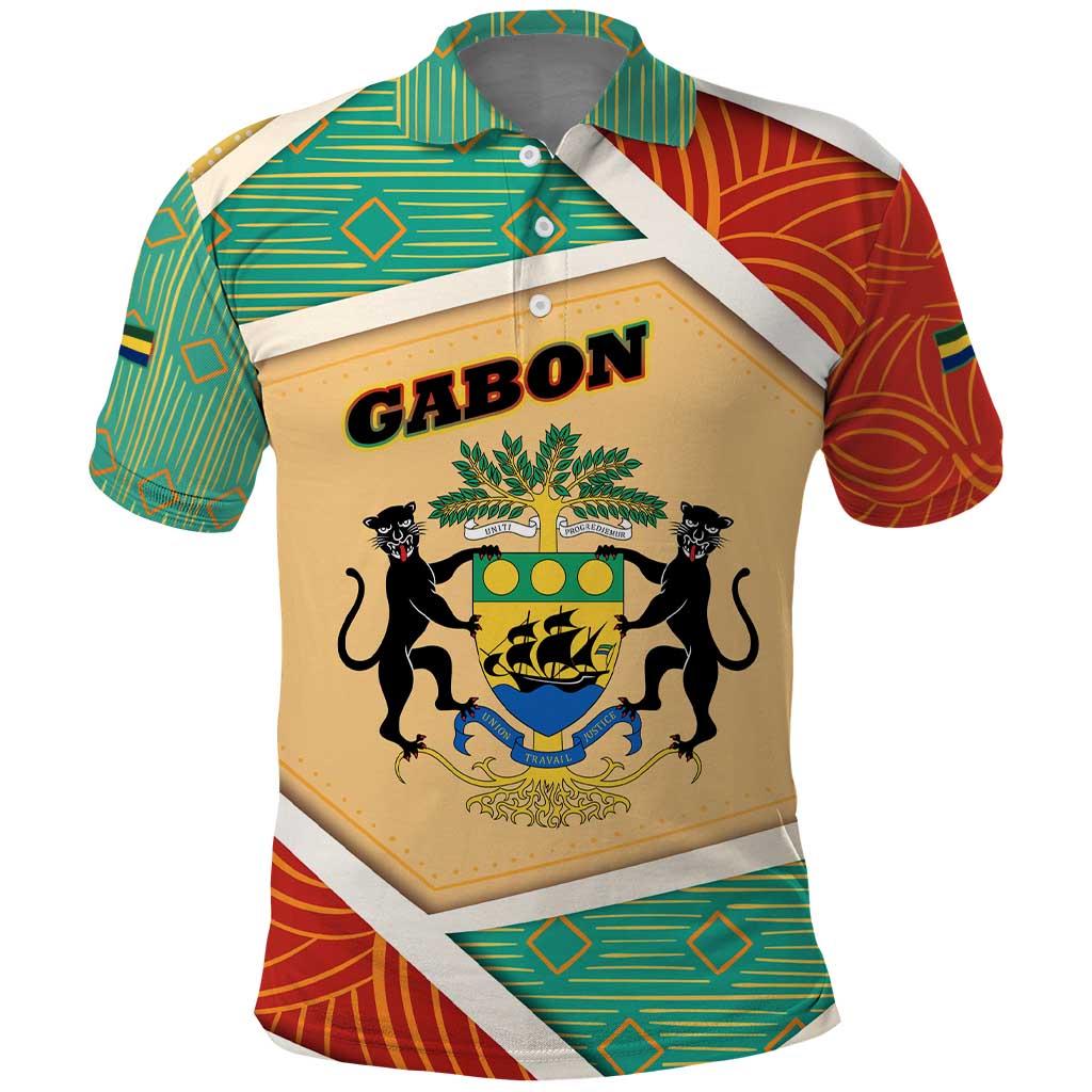 Gabon Polo Shirt with National Coat of Arms and Tribal Pattern Map Design in Bold Colors TS04