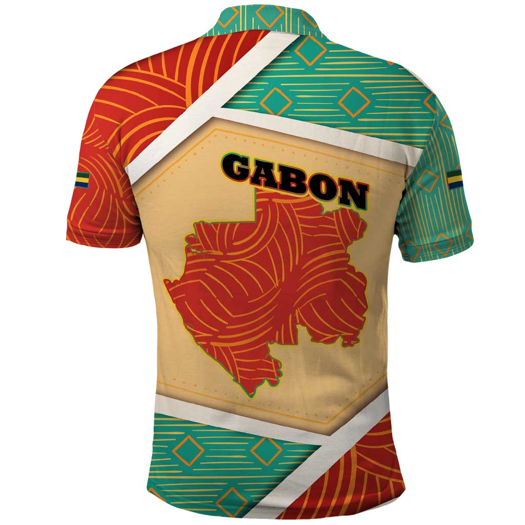 Gabon Polo Shirt with National Coat of Arms and Tribal Pattern Map Design in Bold Colors TS04