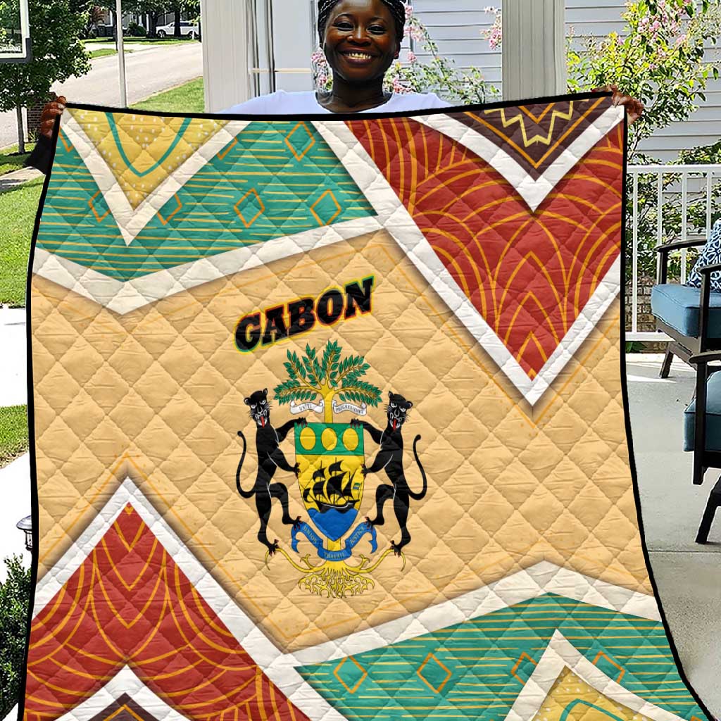 Gabon Quilt - National Coat of Arms and Tribal Pattern Map Design in Bold Colors TS04