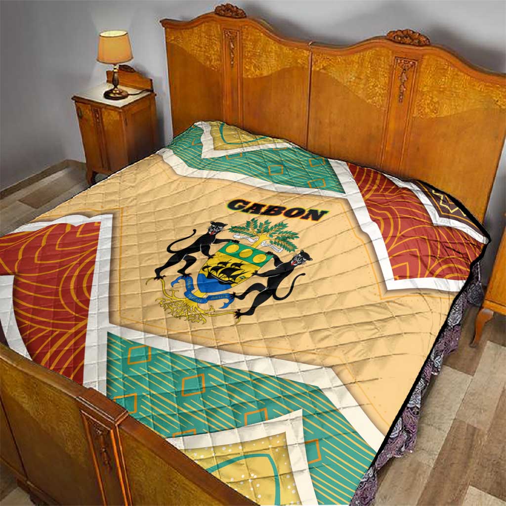 Gabon Quilt - National Coat of Arms and Tribal Pattern Map Design in Bold Colors TS04