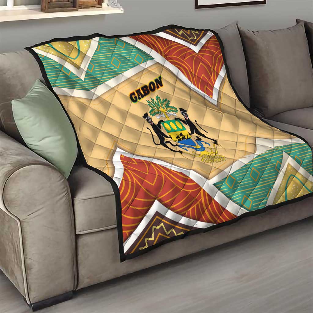 Gabon Quilt - National Coat of Arms and Tribal Pattern Map Design in Bold Colors TS04