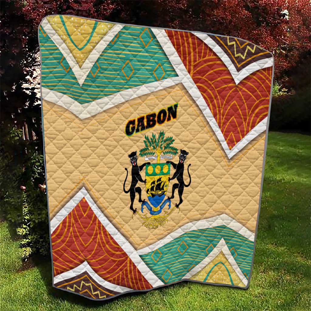 Gabon Quilt - National Coat of Arms and Tribal Pattern Map Design in Bold Colors TS04