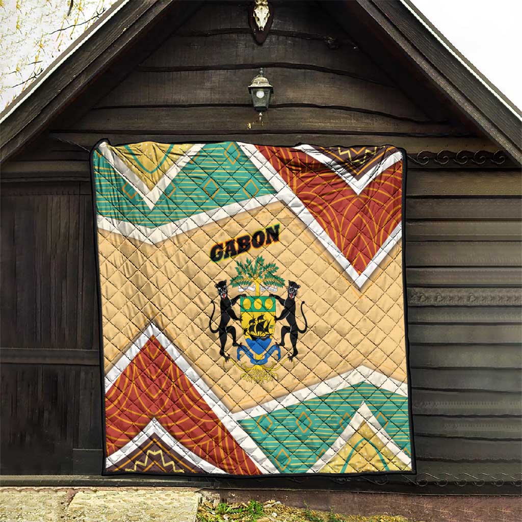 Gabon Quilt - National Coat of Arms and Tribal Pattern Map Design in Bold Colors TS04