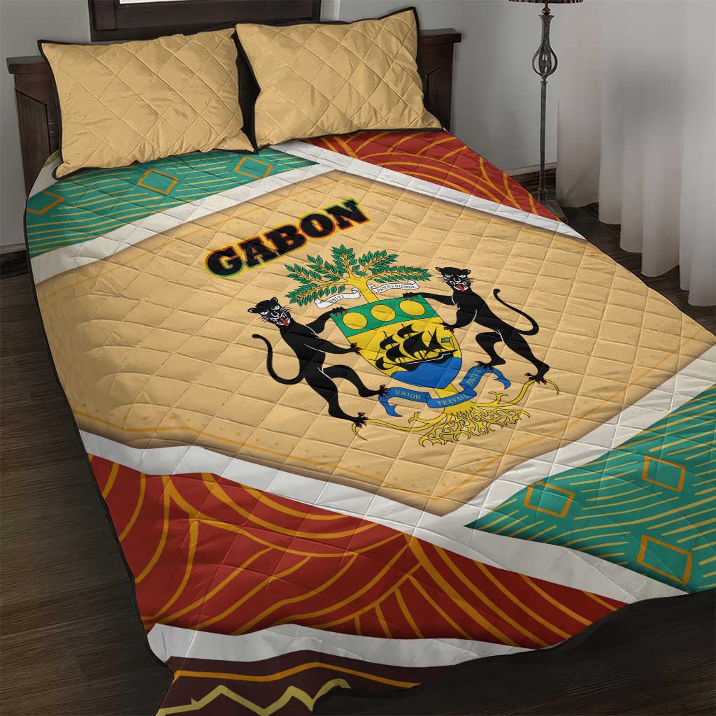 Gabon Quilt Bed Set - National Coat of Arms and Tribal Pattern Map Design in Bold Colors TS04