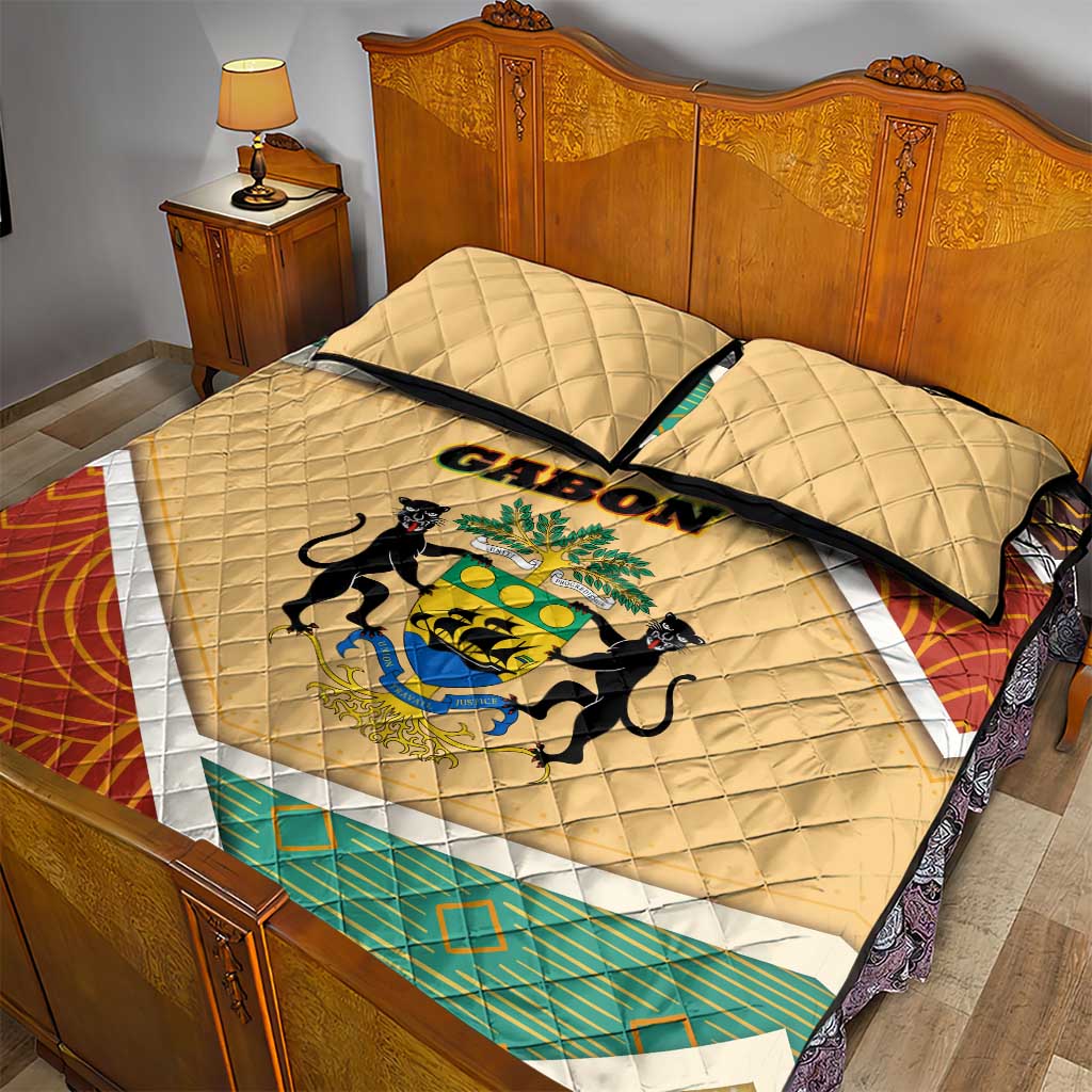 Gabon Quilt Bed Set - National Coat of Arms and Tribal Pattern Map Design in Bold Colors TS04