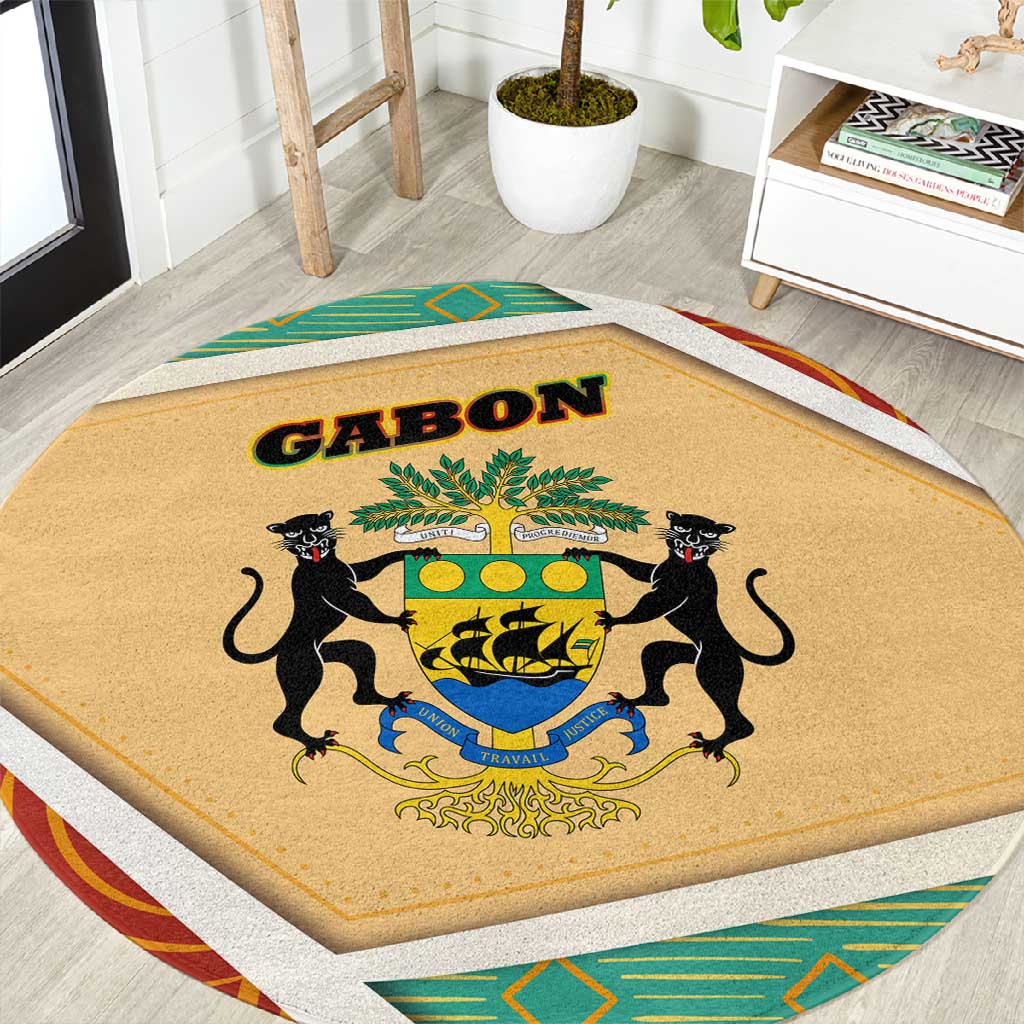 Gabon Round Carpet - National Coat of Arms and Tribal Pattern Map Design in Bold Colors TS04