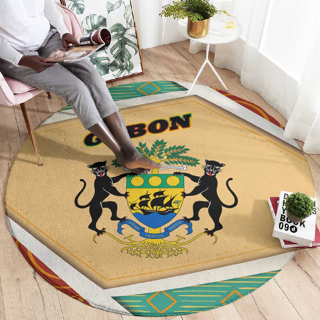 Gabon Round Carpet - National Coat of Arms and Tribal Pattern Map Design in Bold Colors TS04