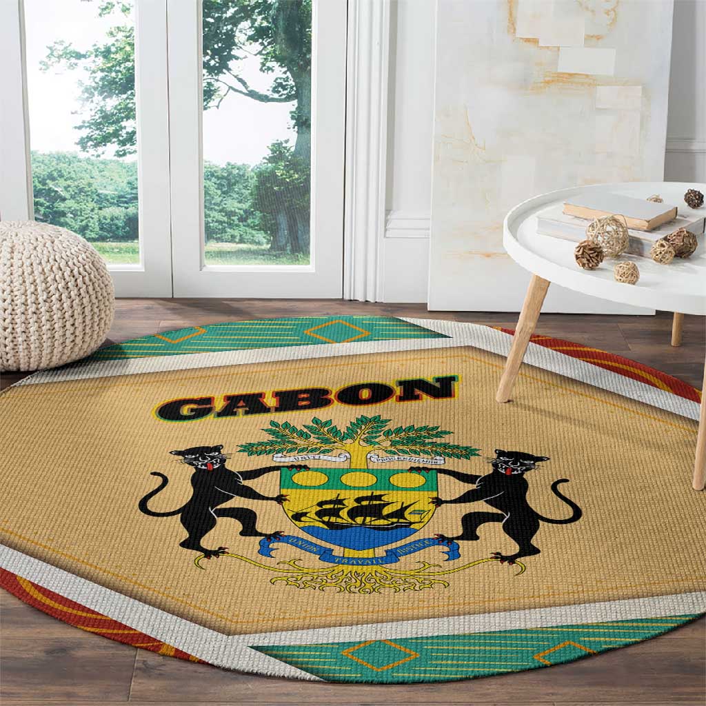 Gabon Round Carpet - National Coat of Arms and Tribal Pattern Map Design in Bold Colors TS04