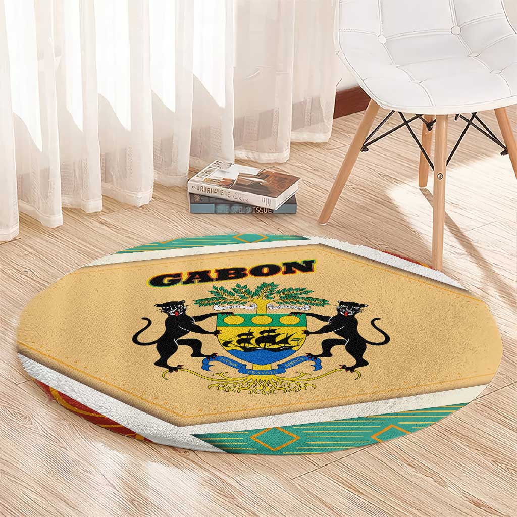 Gabon Round Carpet - National Coat of Arms and Tribal Pattern Map Design in Bold Colors TS04