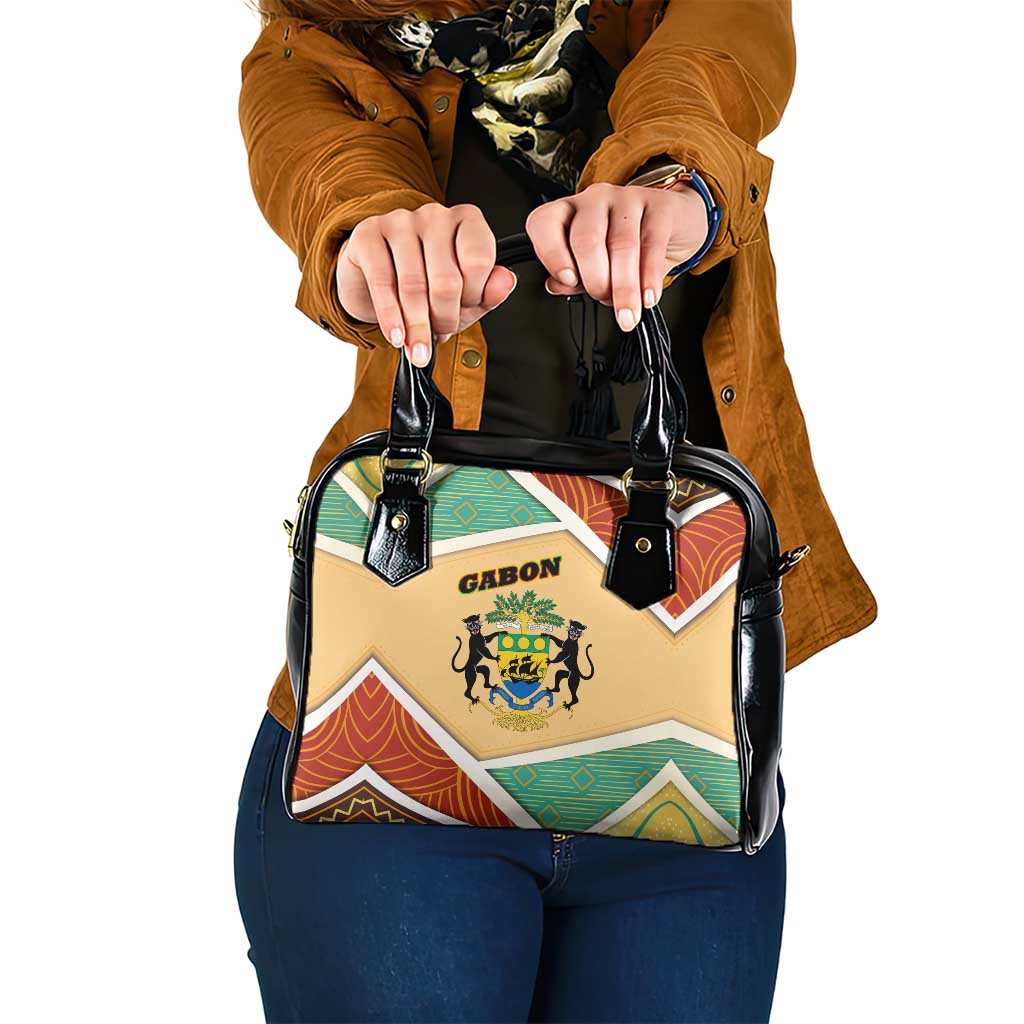 Gabon Shoulder Handbag with National Coat of Arms and Tribal Pattern Map Design in Bold Colors TS04
