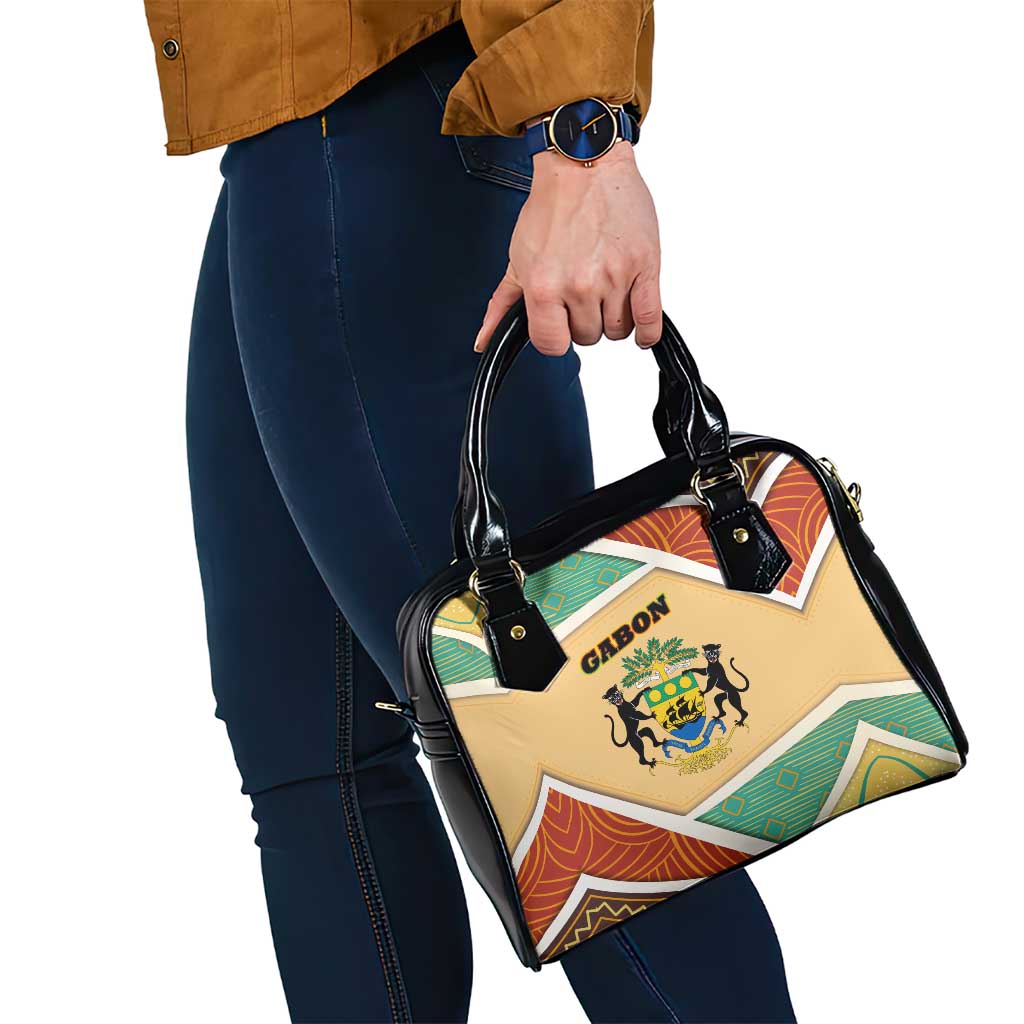 Gabon Shoulder Handbag with National Coat of Arms and Tribal Pattern Map Design in Bold Colors TS04