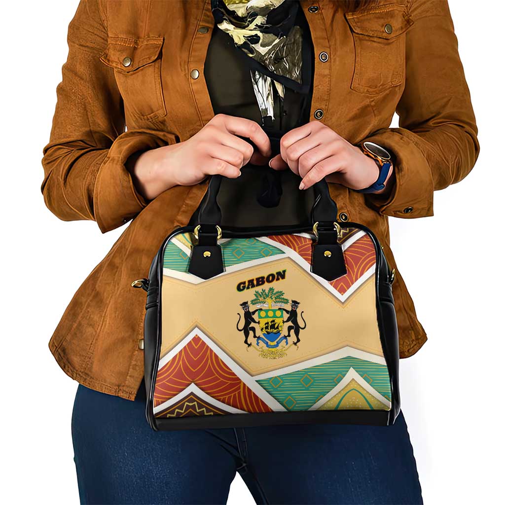 Gabon Shoulder Handbag with National Coat of Arms and Tribal Pattern Map Design in Bold Colors TS04