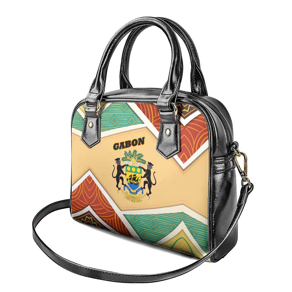 Gabon Shoulder Handbag with National Coat of Arms and Tribal Pattern Map Design in Bold Colors TS04