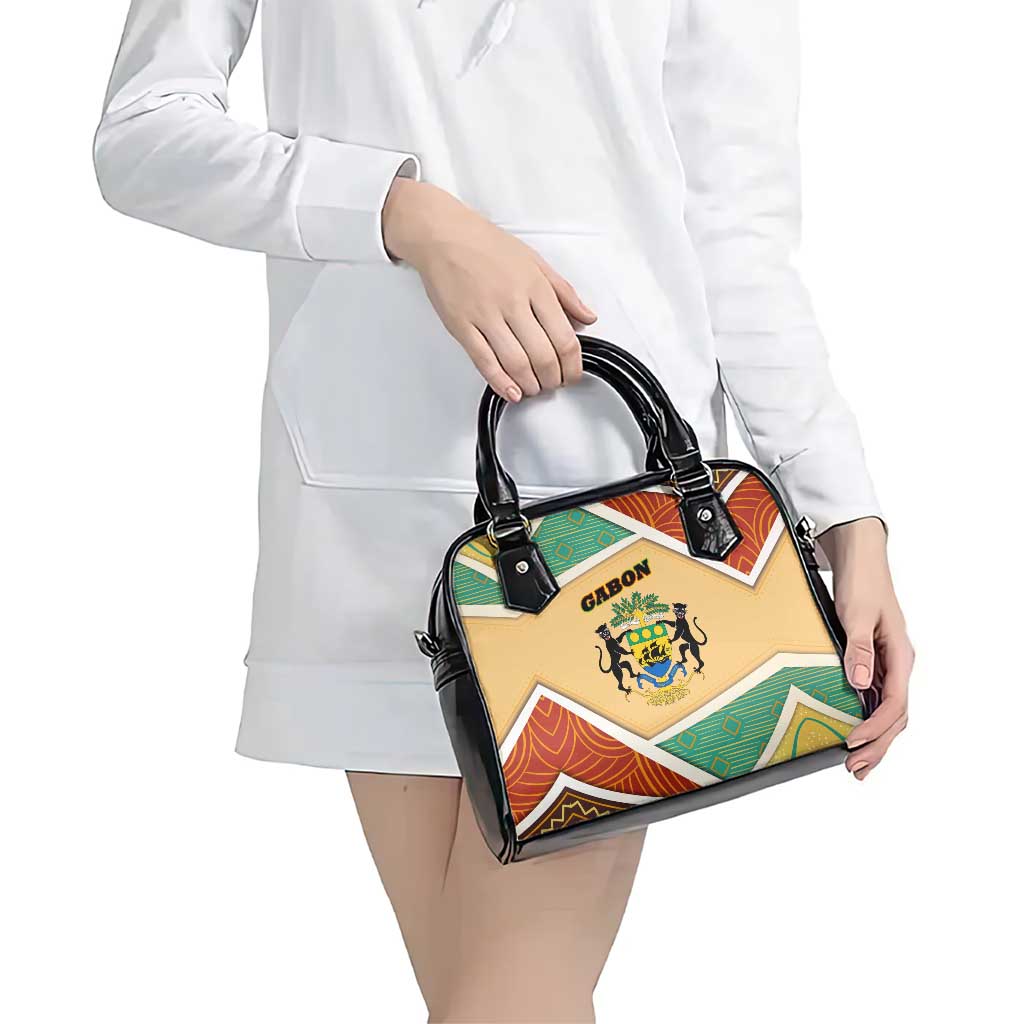 Gabon Shoulder Handbag with National Coat of Arms and Tribal Pattern Map Design in Bold Colors TS04