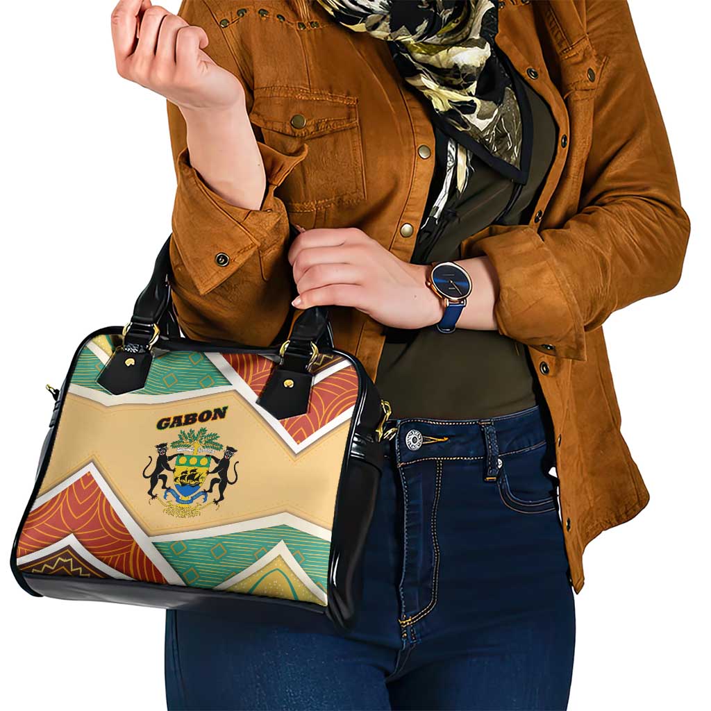 Gabon Shoulder Handbag with National Coat of Arms and Tribal Pattern Map Design in Bold Colors TS04