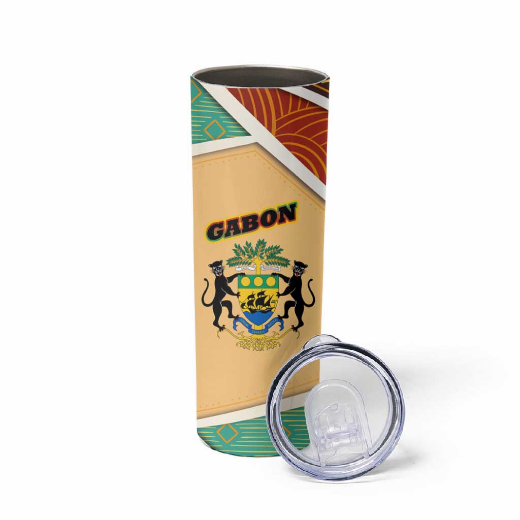 Gabon Skinny Tumbler - National Coat of Arms and Tribal Pattern Map Design in Bold Colors TS04