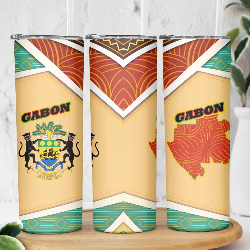 Gabon Skinny Tumbler - National Coat of Arms and Tribal Pattern Map Design in Bold Colors TS04