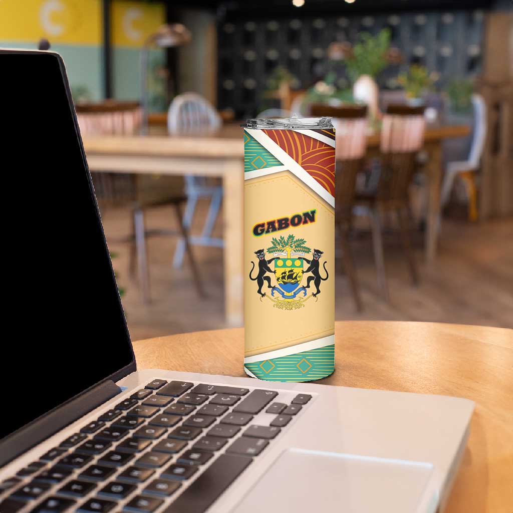 Gabon Skinny Tumbler - National Coat of Arms and Tribal Pattern Map Design in Bold Colors TS04