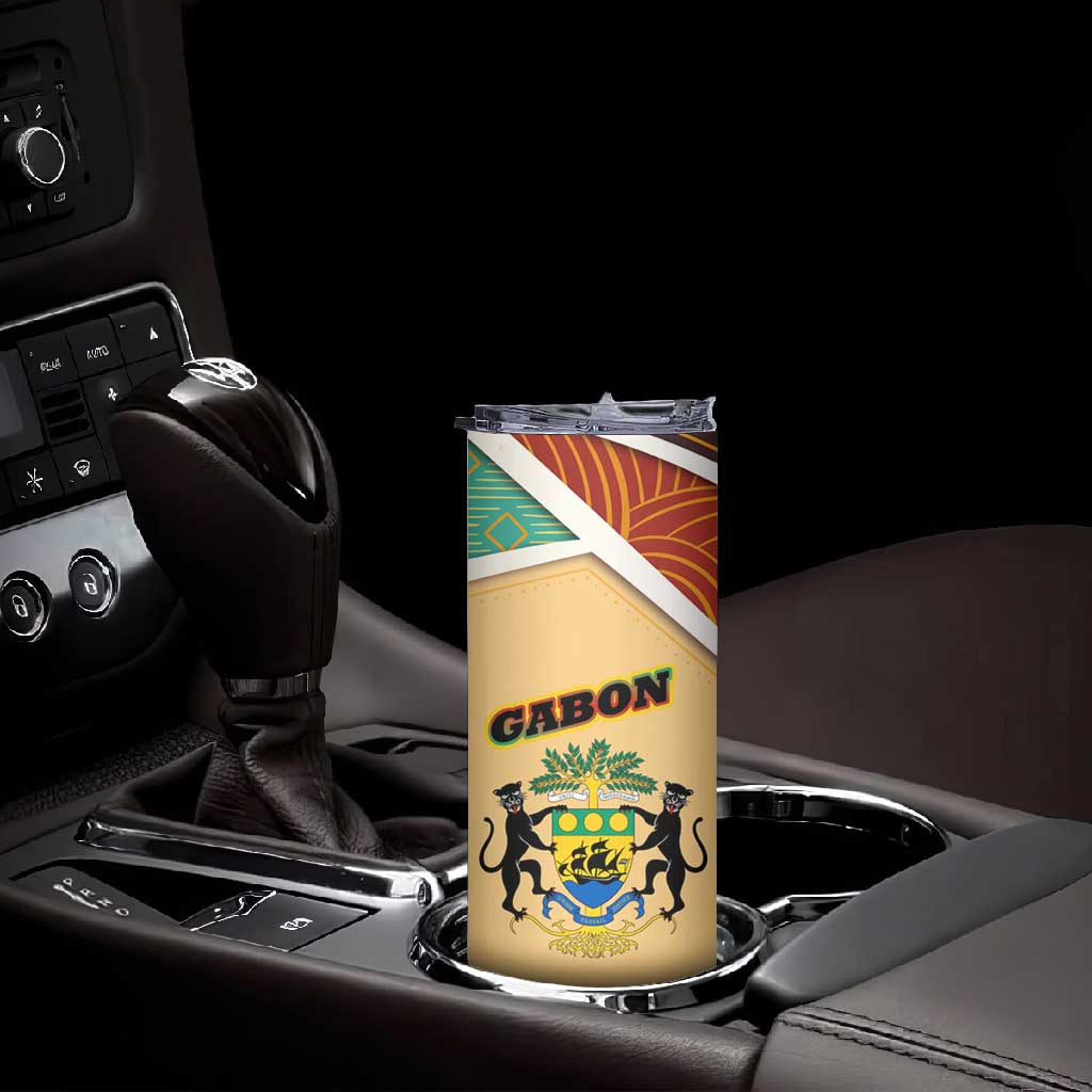 Gabon Skinny Tumbler - National Coat of Arms and Tribal Pattern Map Design in Bold Colors TS04