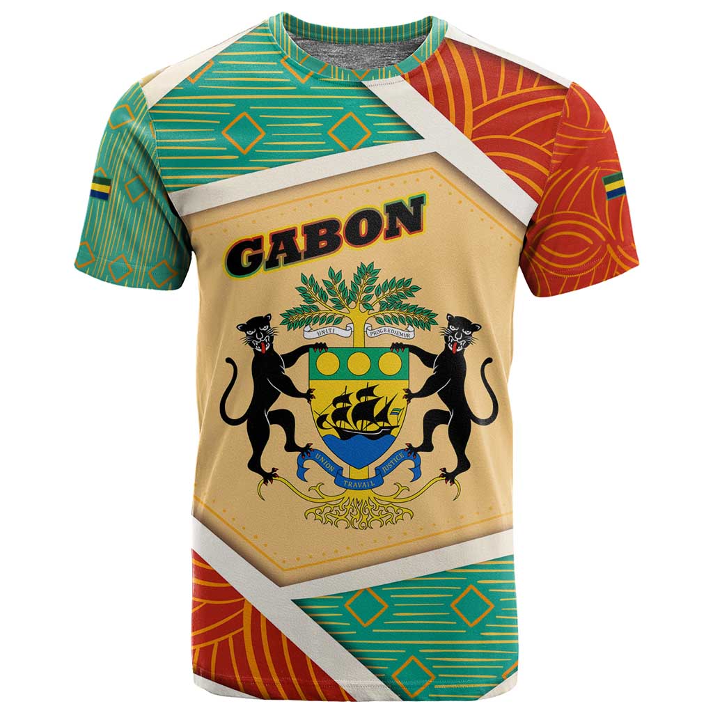 Gabon T shirt - National Coat of Arms and Tribal Pattern Map Design in Bold Colors TS04