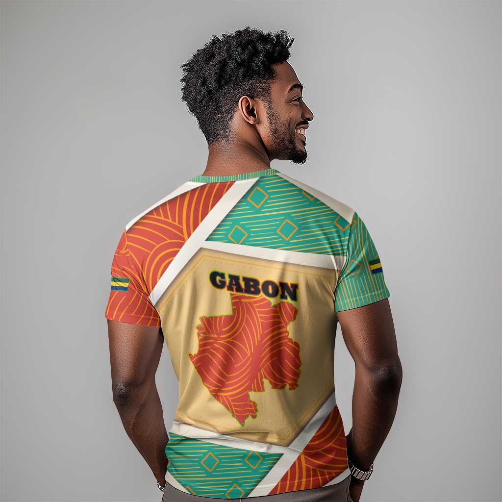 Gabon T shirt - National Coat of Arms and Tribal Pattern Map Design in Bold Colors TS04
