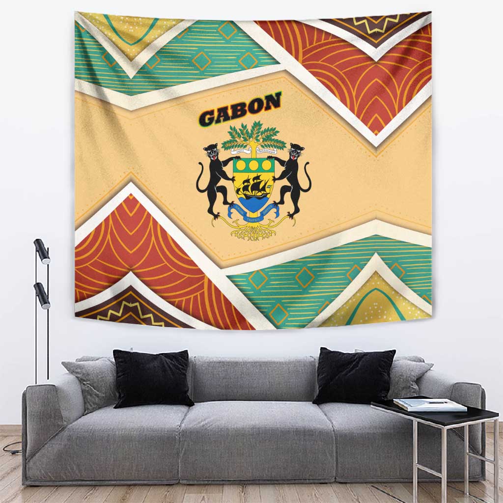 Gabon Tapestry - National Coat of Arms and Tribal Pattern Map Design in Bold Colors TS04
