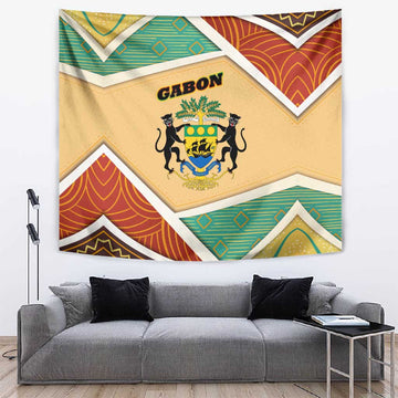 Gabon Tapestry - National Coat of Arms and Tribal Pattern Map Design in Bold Colors TS04