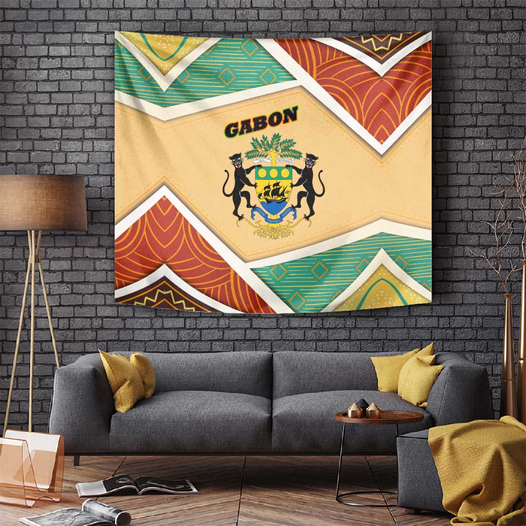 Gabon Tapestry - National Coat of Arms and Tribal Pattern Map Design in Bold Colors TS04