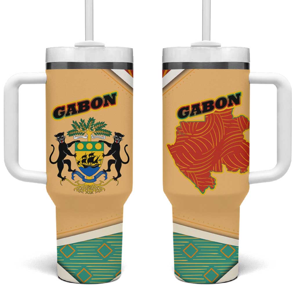 Gabon Tumbler With Handle - National Coat of Arms and Tribal Pattern Map Design in Bold Colors TS04
