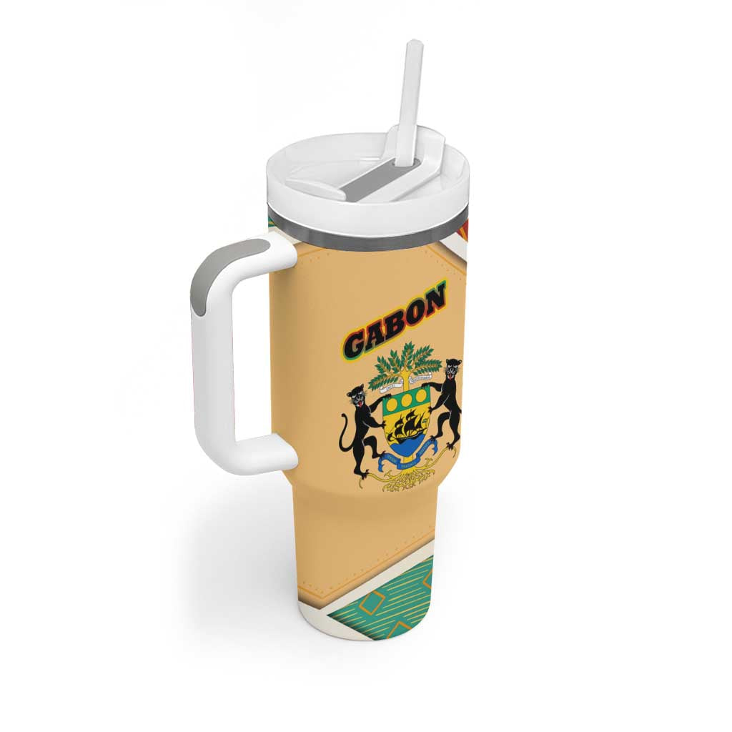 Gabon Tumbler With Handle - National Coat of Arms and Tribal Pattern Map Design in Bold Colors TS04