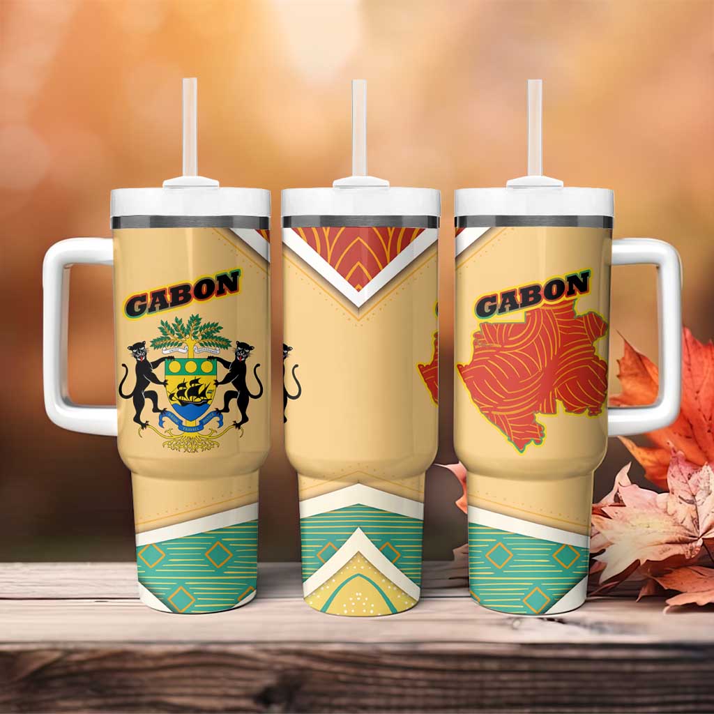 Gabon Tumbler With Handle - National Coat of Arms and Tribal Pattern Map Design in Bold Colors TS04
