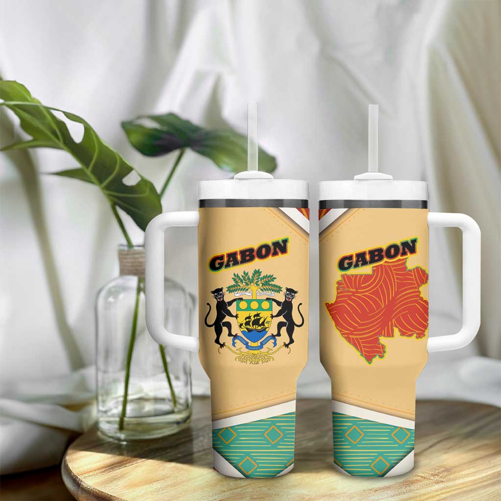 Gabon Tumbler With Handle - National Coat of Arms and Tribal Pattern Map Design in Bold Colors TS04
