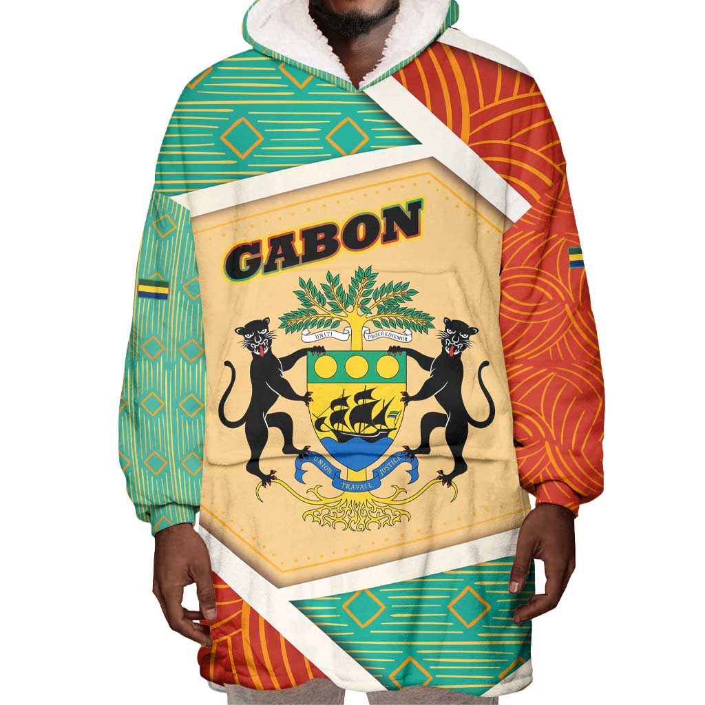 Gabon Wearable Blanket Hoodie - National Coat of Arms and Tribal Pattern Map Design in Bold Colors TS04