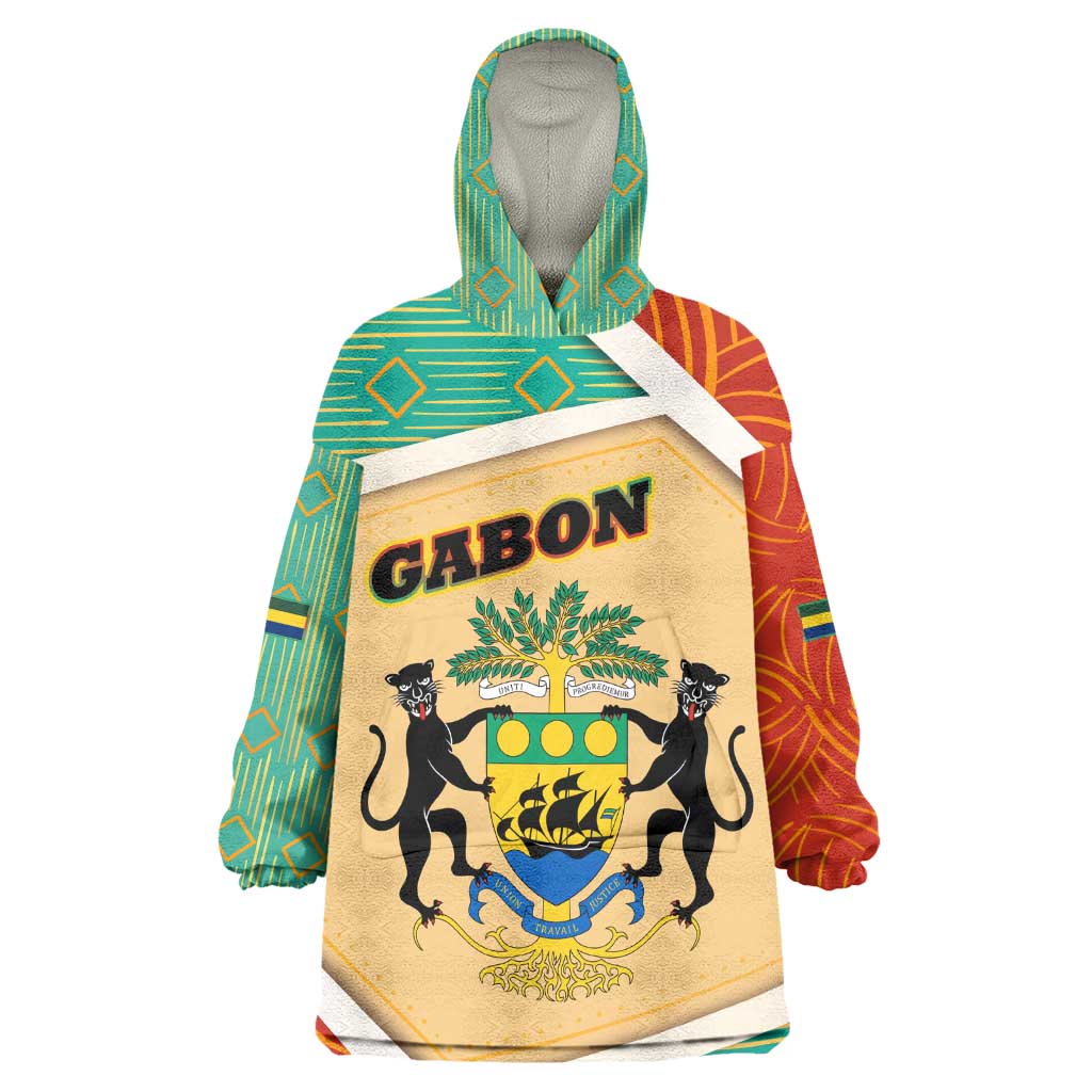 Gabon Wearable Blanket Hoodie - National Coat of Arms and Tribal Pattern Map Design in Bold Colors TS04