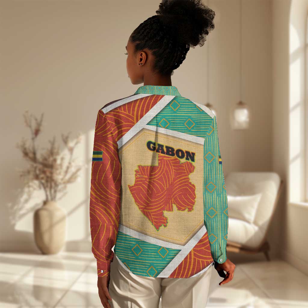 Gabon Women Casual Shirt - National Coat of Arms and Tribal Pattern Map Design in Bold Colors TS04