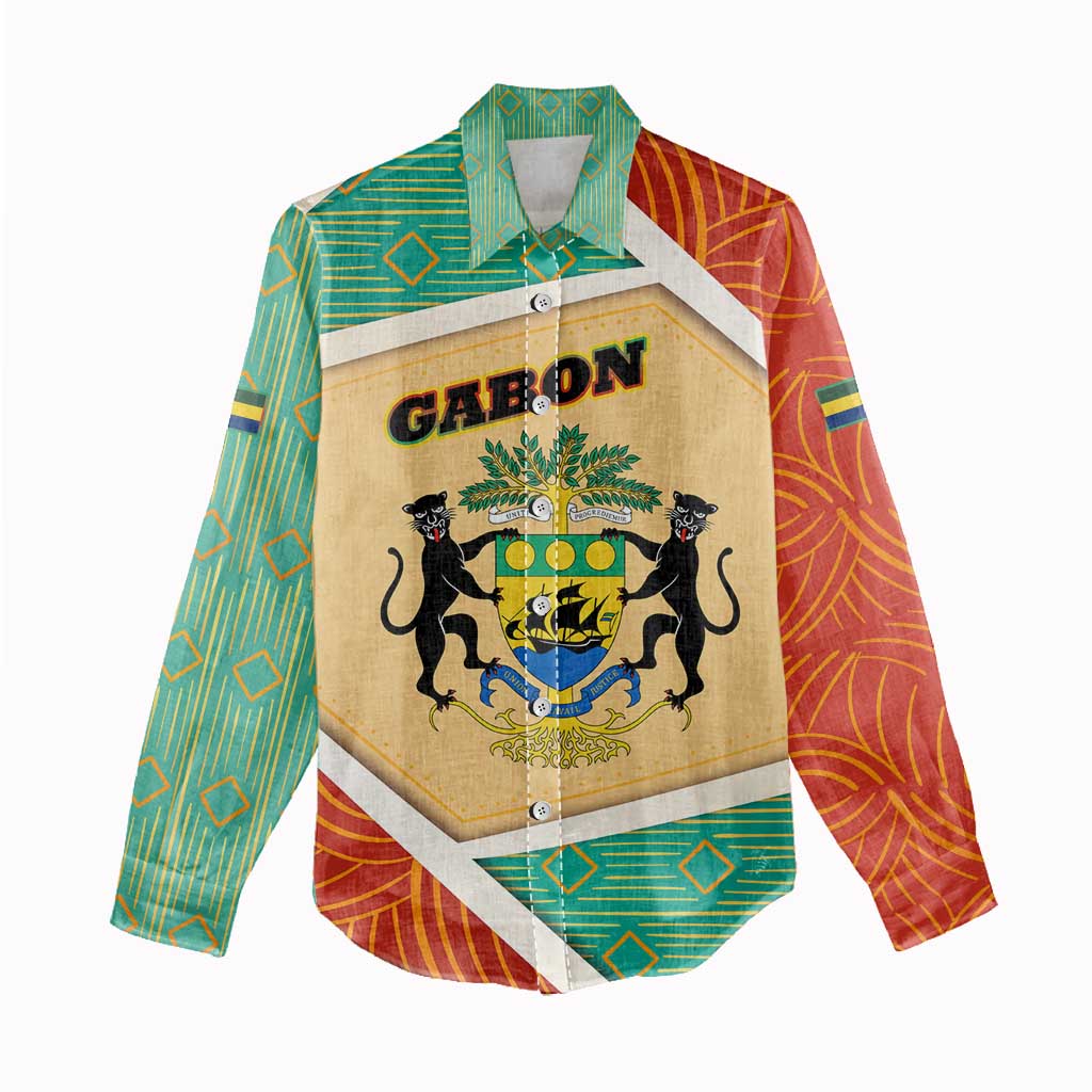 Gabon Women Casual Shirt - National Coat of Arms and Tribal Pattern Map Design in Bold Colors TS04