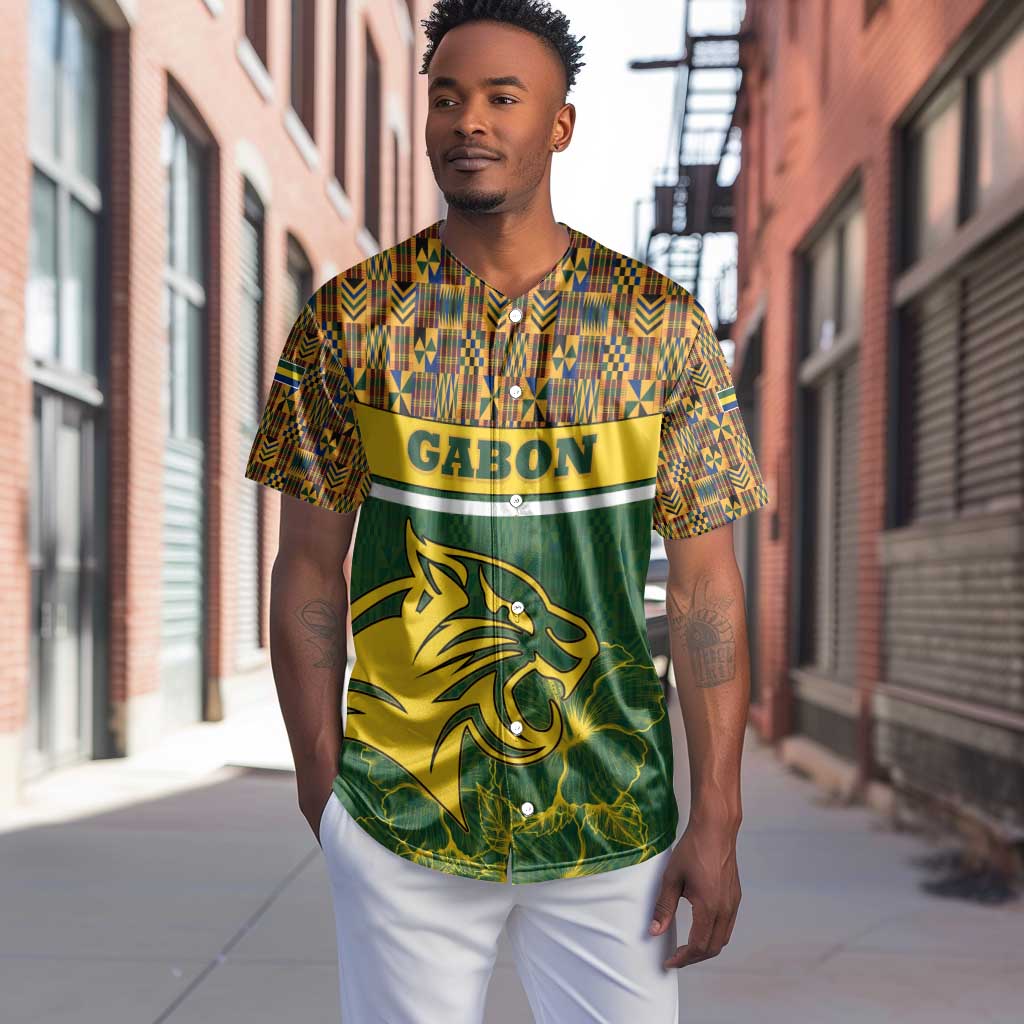 Gabon Baseball Jersey - Tribal Print and Fierce Panther Graphic in National Flag Colors TS04
