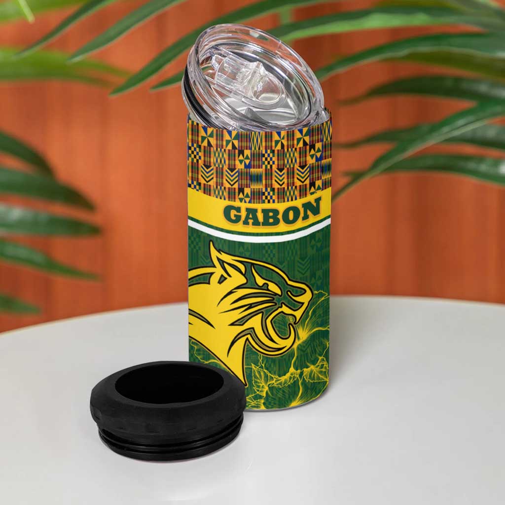 Gabon 4 in 1 Can Cooler Tumbler - Tribal Print and Fierce Panther Graphic in National Flag Colors TS04