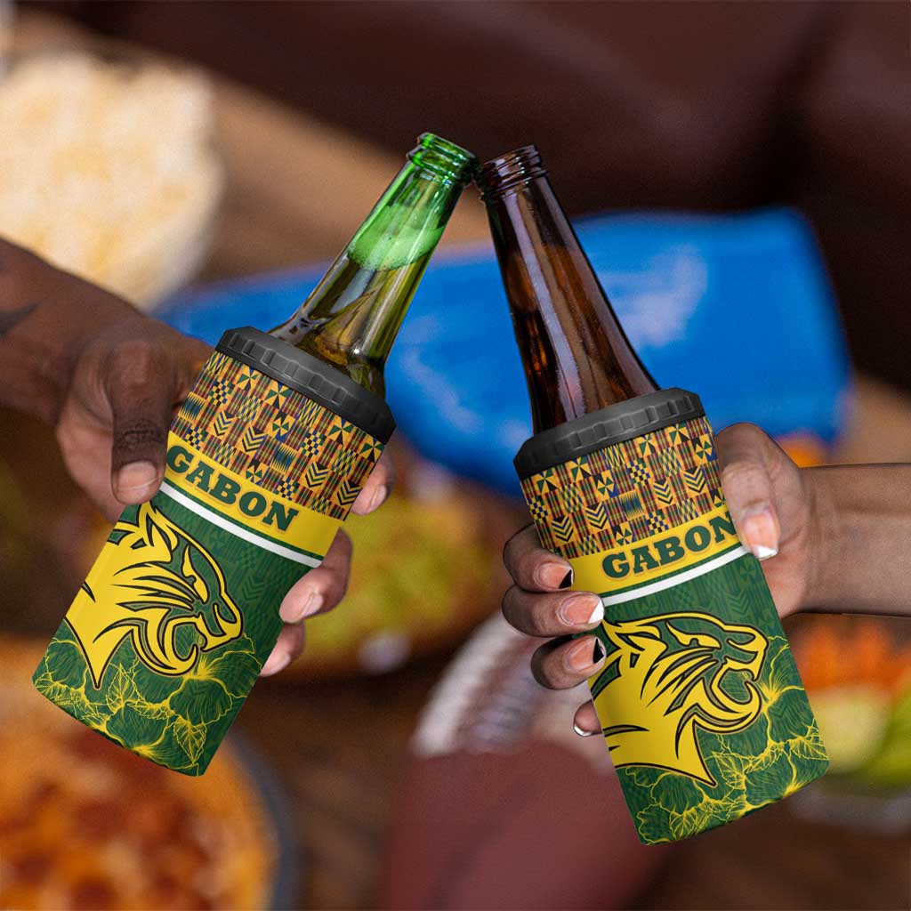 Gabon 4 in 1 Can Cooler Tumbler - Tribal Print and Fierce Panther Graphic in National Flag Colors TS04