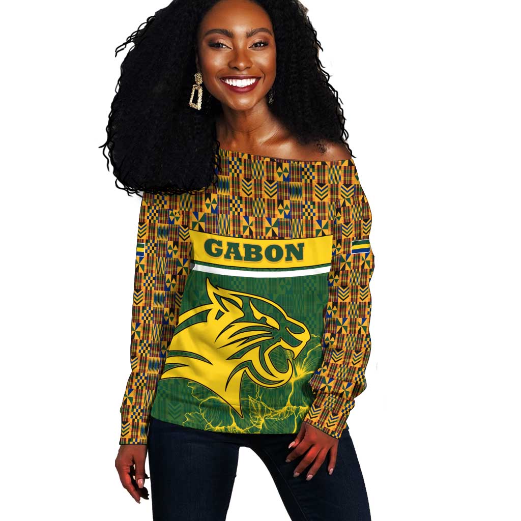 Gabon Off Shoulder Sweater - Tribal Print and Fierce Panther Graphic in National Flag Colors TS04