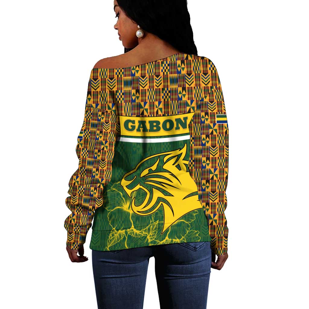 Gabon Off Shoulder Sweater - Tribal Print and Fierce Panther Graphic in National Flag Colors TS04