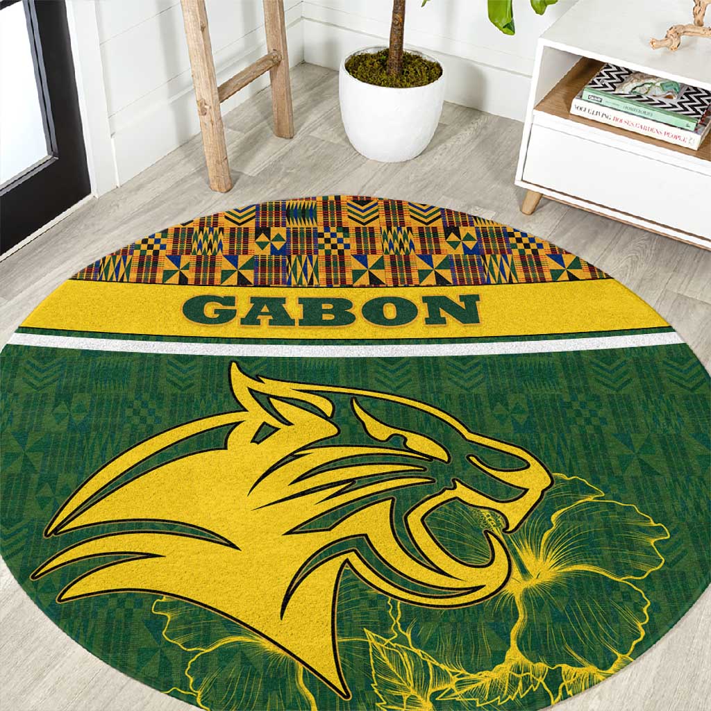 Gabon Round Carpet - Tribal Print and Fierce Panther Graphic in National Flag Colors TS04