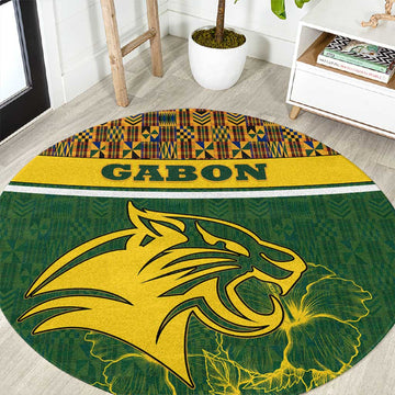 Gabon Round Carpet - Tribal Print and Fierce Panther Graphic in National Flag Colors TS04