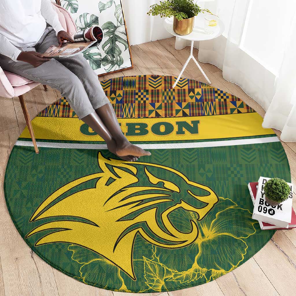 Gabon Round Carpet - Tribal Print and Fierce Panther Graphic in National Flag Colors TS04