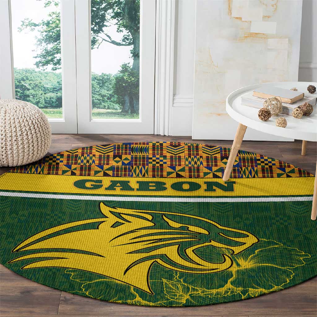 Gabon Round Carpet - Tribal Print and Fierce Panther Graphic in National Flag Colors TS04