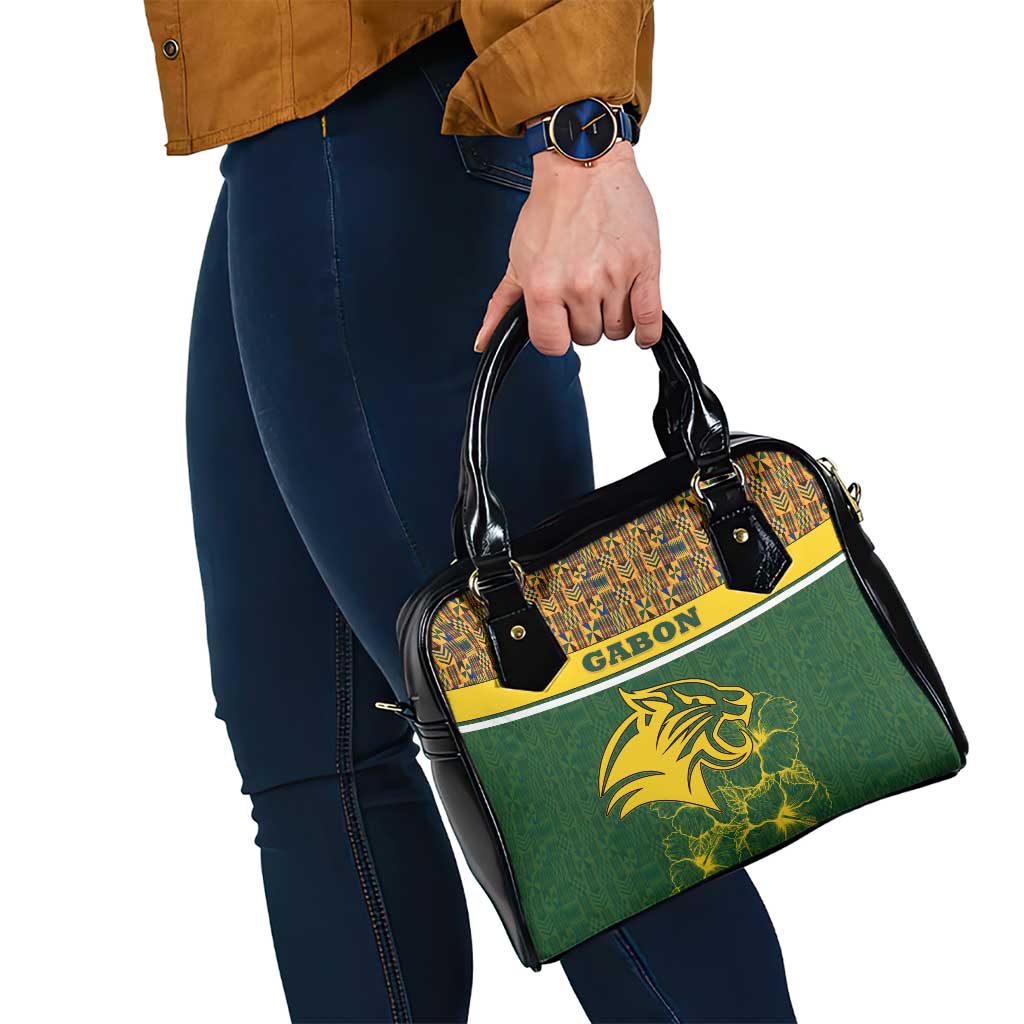 Gabon Shoulder Handbag with Tribal Print and Fierce Panther Graphic in National Flag Colors TS04