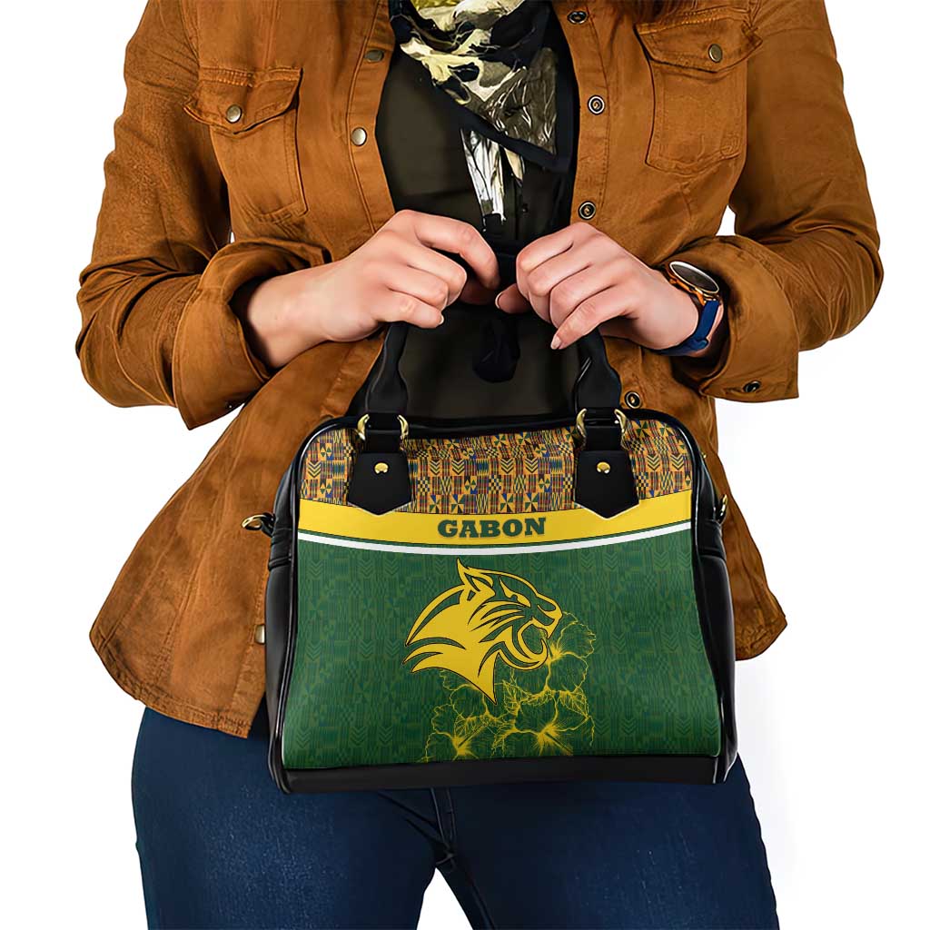 Gabon Shoulder Handbag with Tribal Print and Fierce Panther Graphic in National Flag Colors TS04